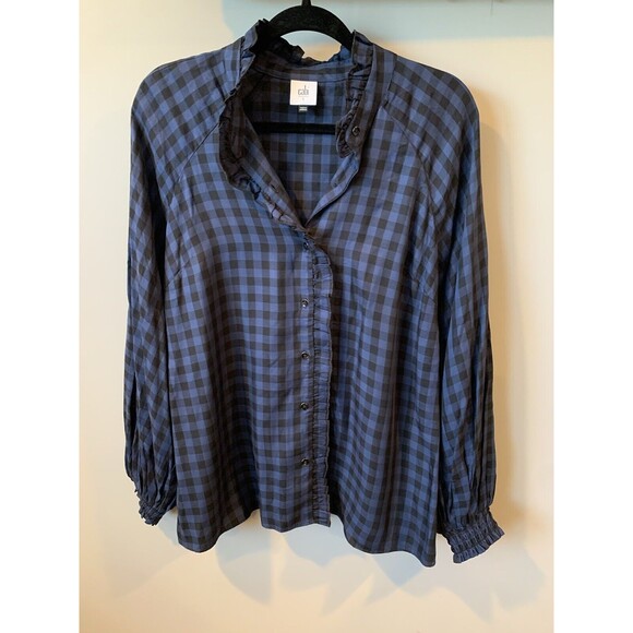 CAbi Tops - Cabi Blue Check Ruffle Collar Button Down Long Sleeve Blouse